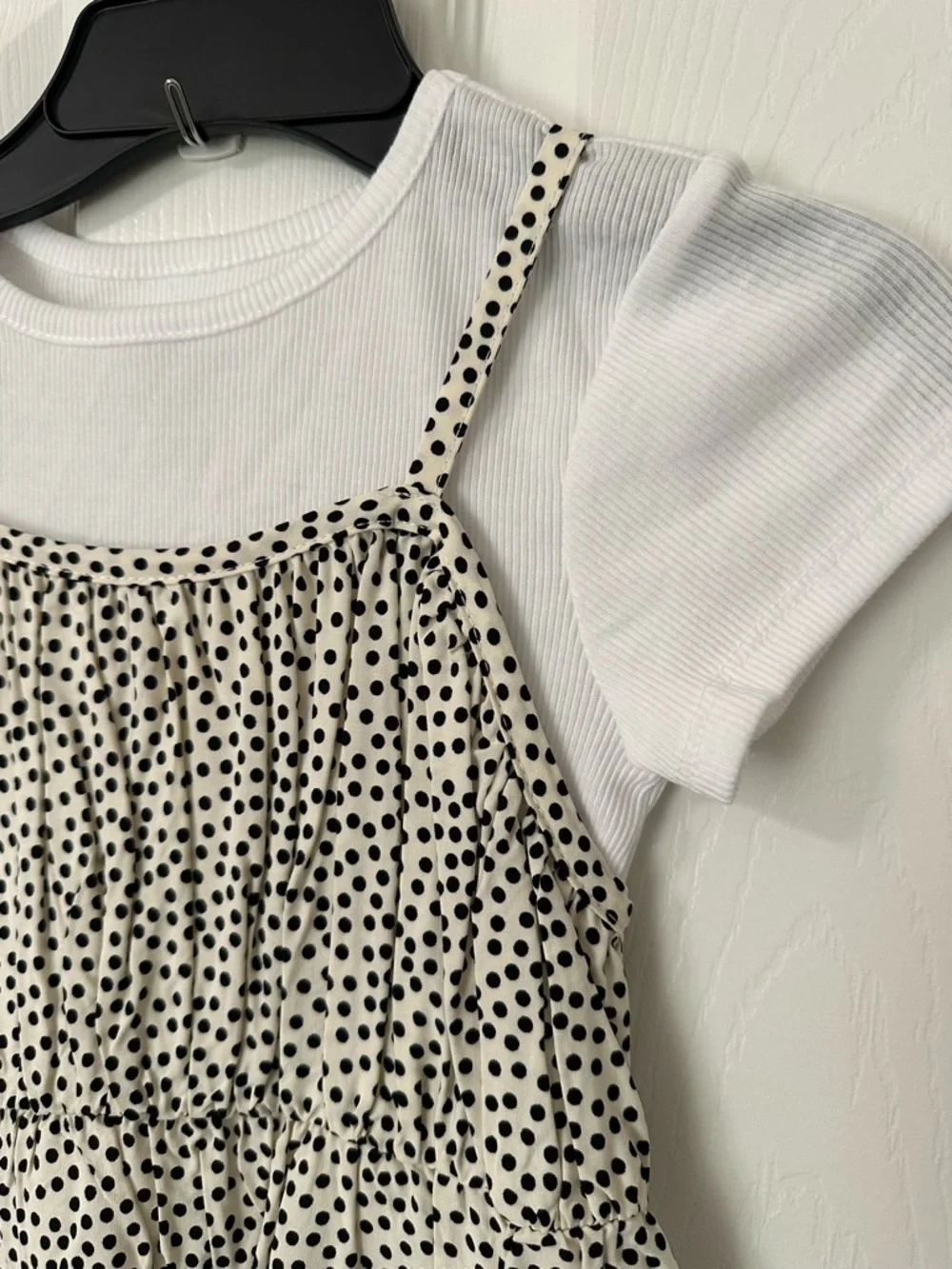 wonder nation Cream Dress with Black Dot Print and White Tee
